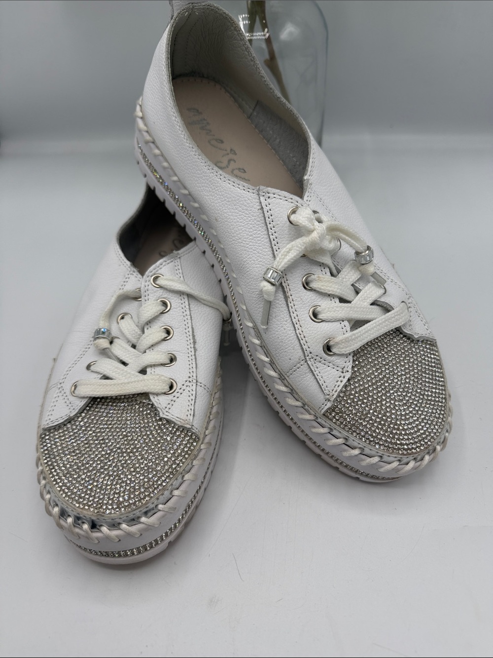 Women's White Crystal-Toe Leather Sneakers